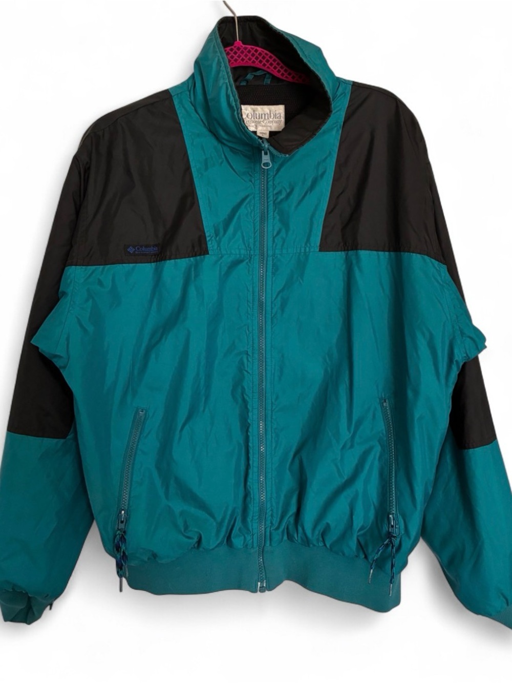 Columbia Vintage Men’s Teal and Black Windbreaker Jacket Full Zip Large